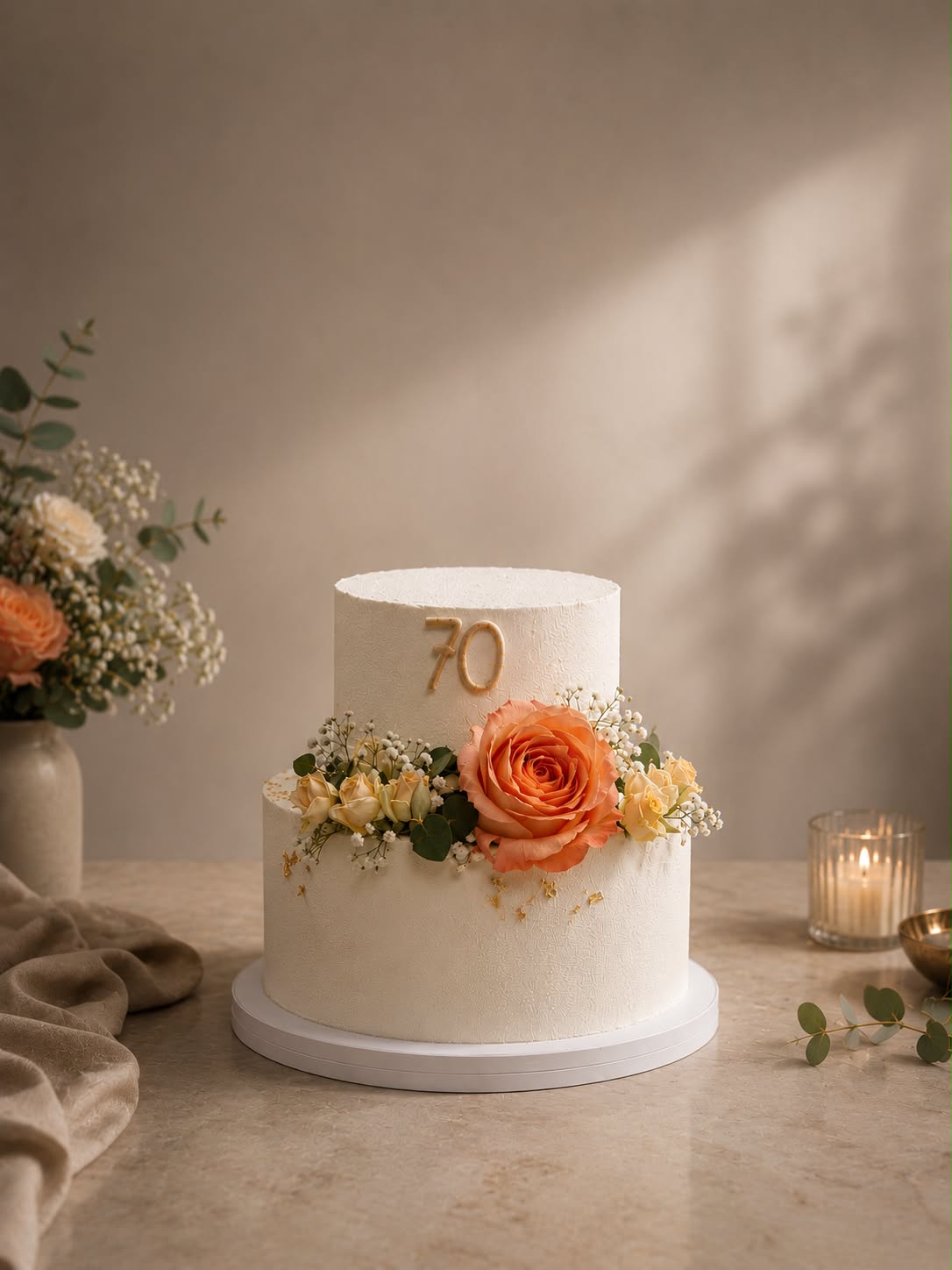 Dvonadstropna bela torta s številko 70 in oranžno vrtnico