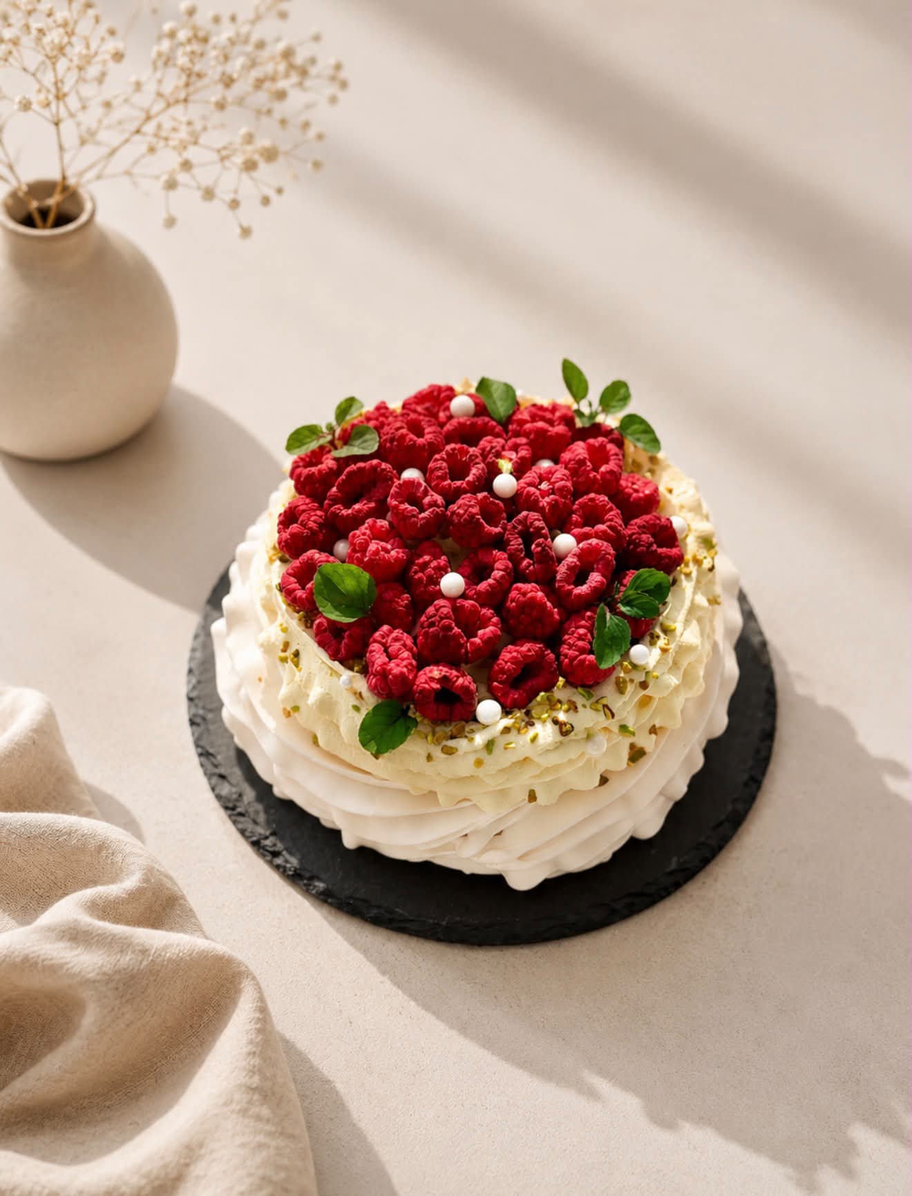 Pavlova z malinami in pistacijo