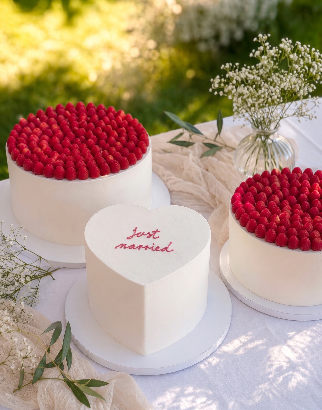 Bele torte z malinami in srčasta torta z napisom just married